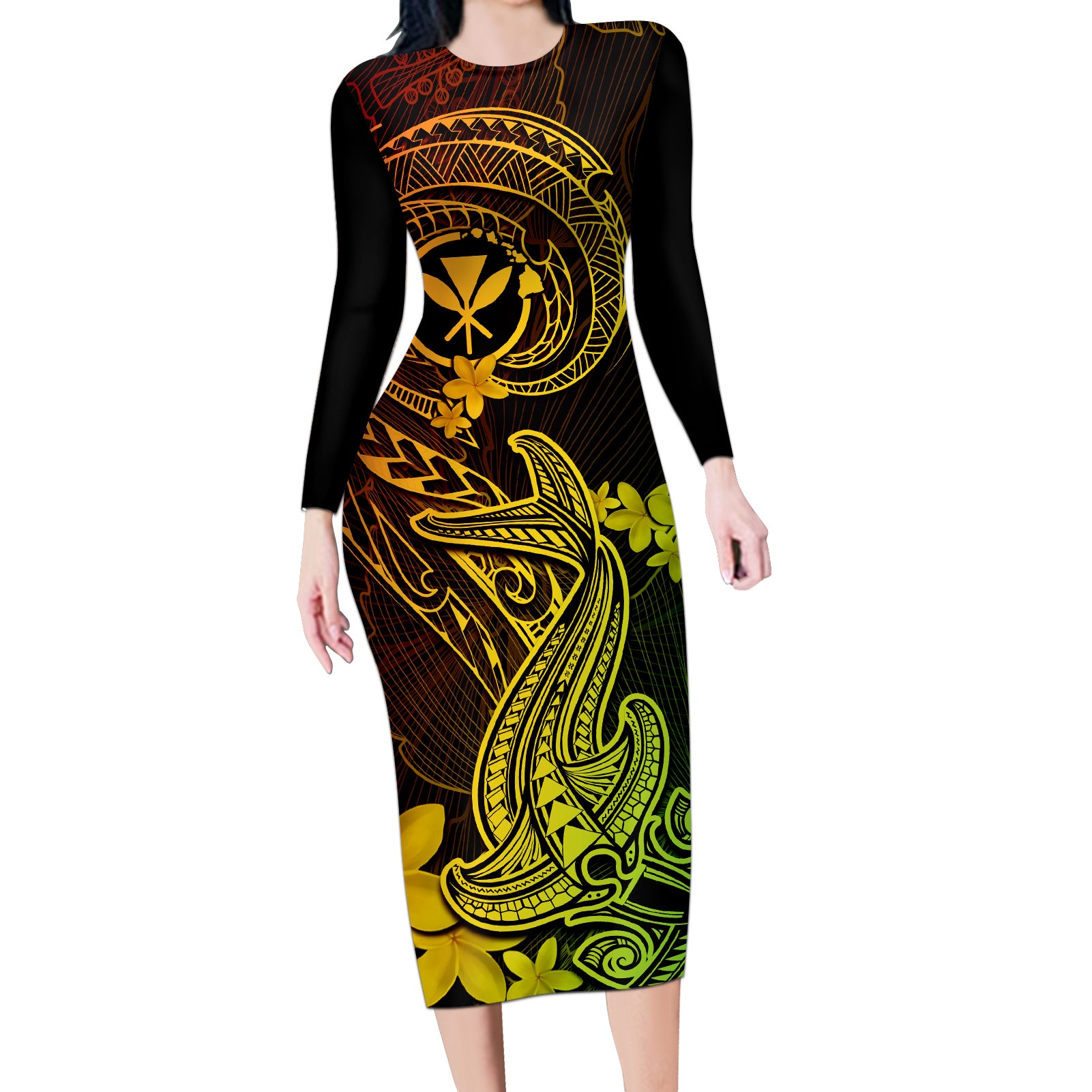 hawaii-long-sleeve-bodycon-dress-hammerhead-shark-tattoo-mix-polynesian-plumeria-reggae-version