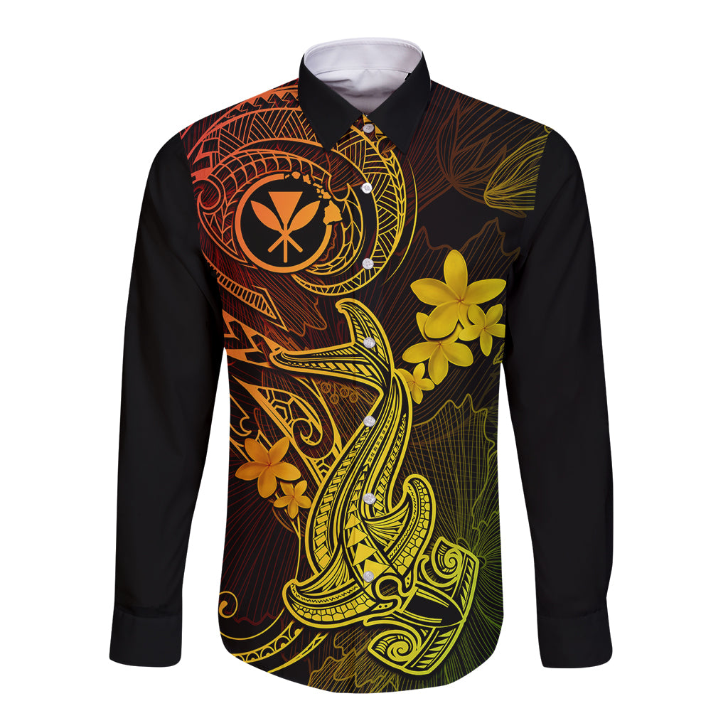 hawaii-long-sleeve-button-shirt-hammerhead-shark-tattoo-mix-polynesian-plumeria-reggae-version