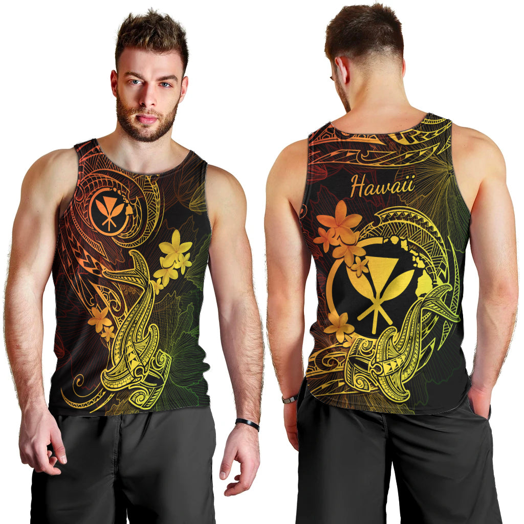 Hawaii Men Tank Top Hammerhead Shark Tattoo Mix Polynesian Plumeria Reggae Version LT14 - Polynesian Pride