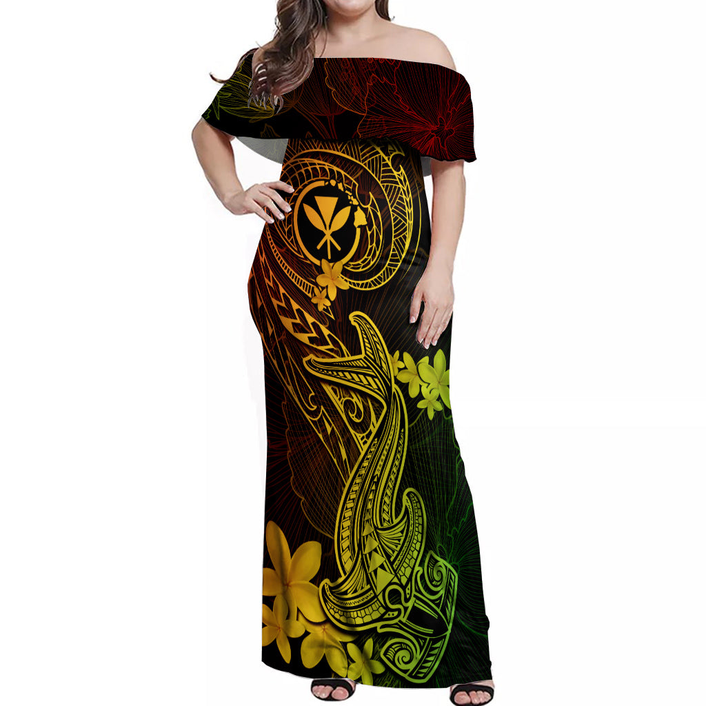 Hawaii Off Shoulder Maxi Dress Hammerhead Shark Tattoo Mix Polynesian Plumeria Reggae Version LT14 Women Reggae - Polynesian Pride