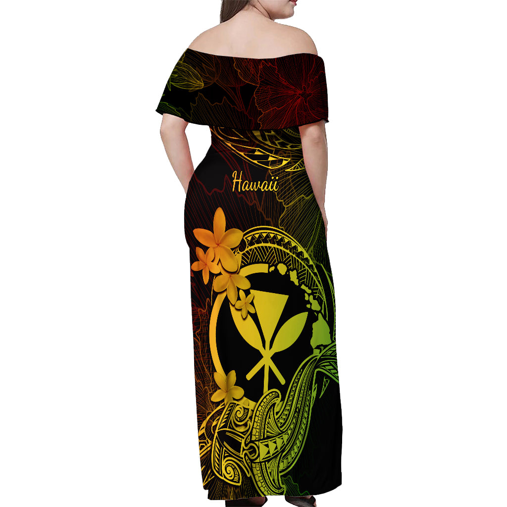 Hawaii Off Shoulder Maxi Dress Hammerhead Shark Tattoo Mix Polynesian Plumeria Reggae Version LT14 - Polynesian Pride