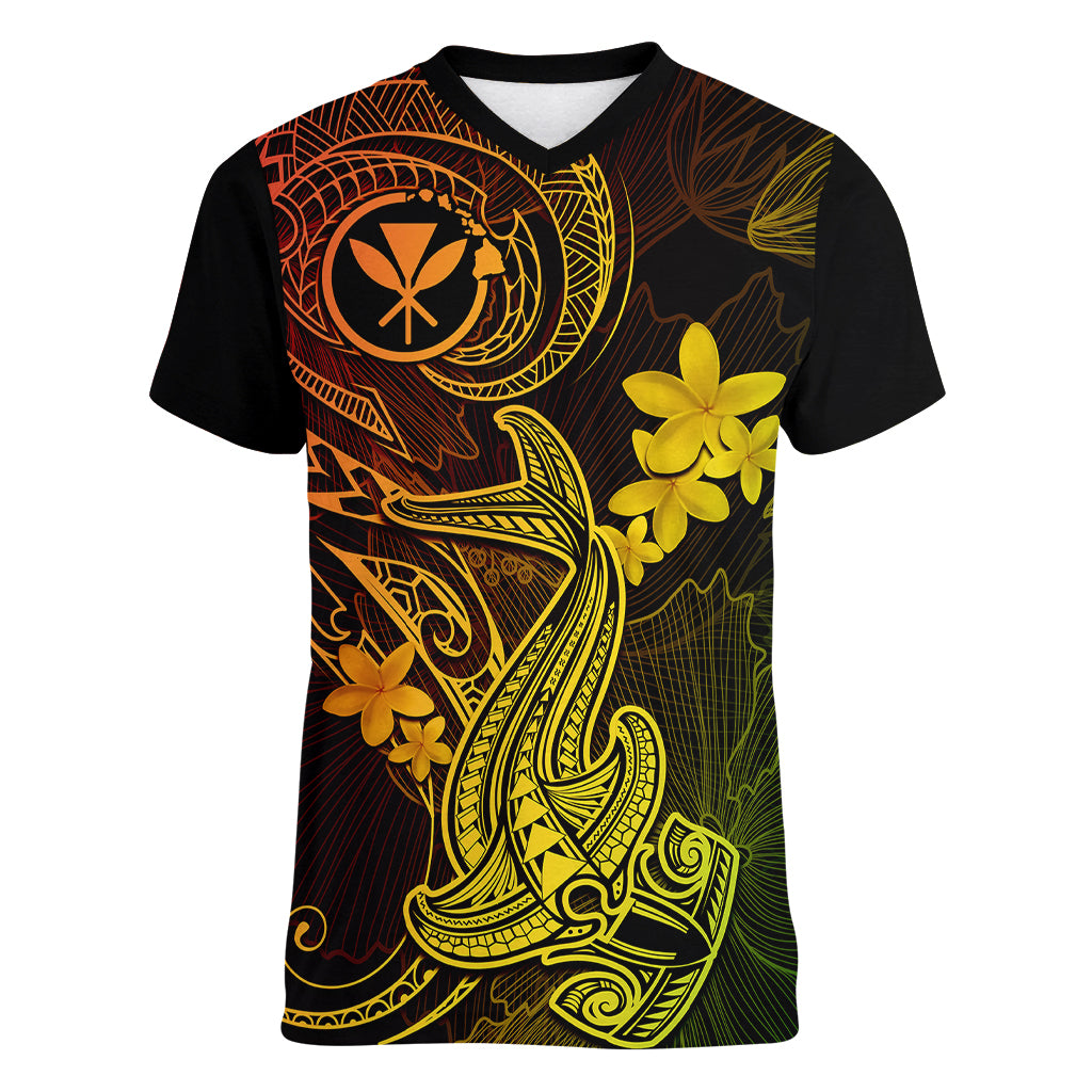 hawaii-women-v-neck-t-shirt-hammerhead-shark-tattoo-mix-polynesian-plumeria-reggae-version