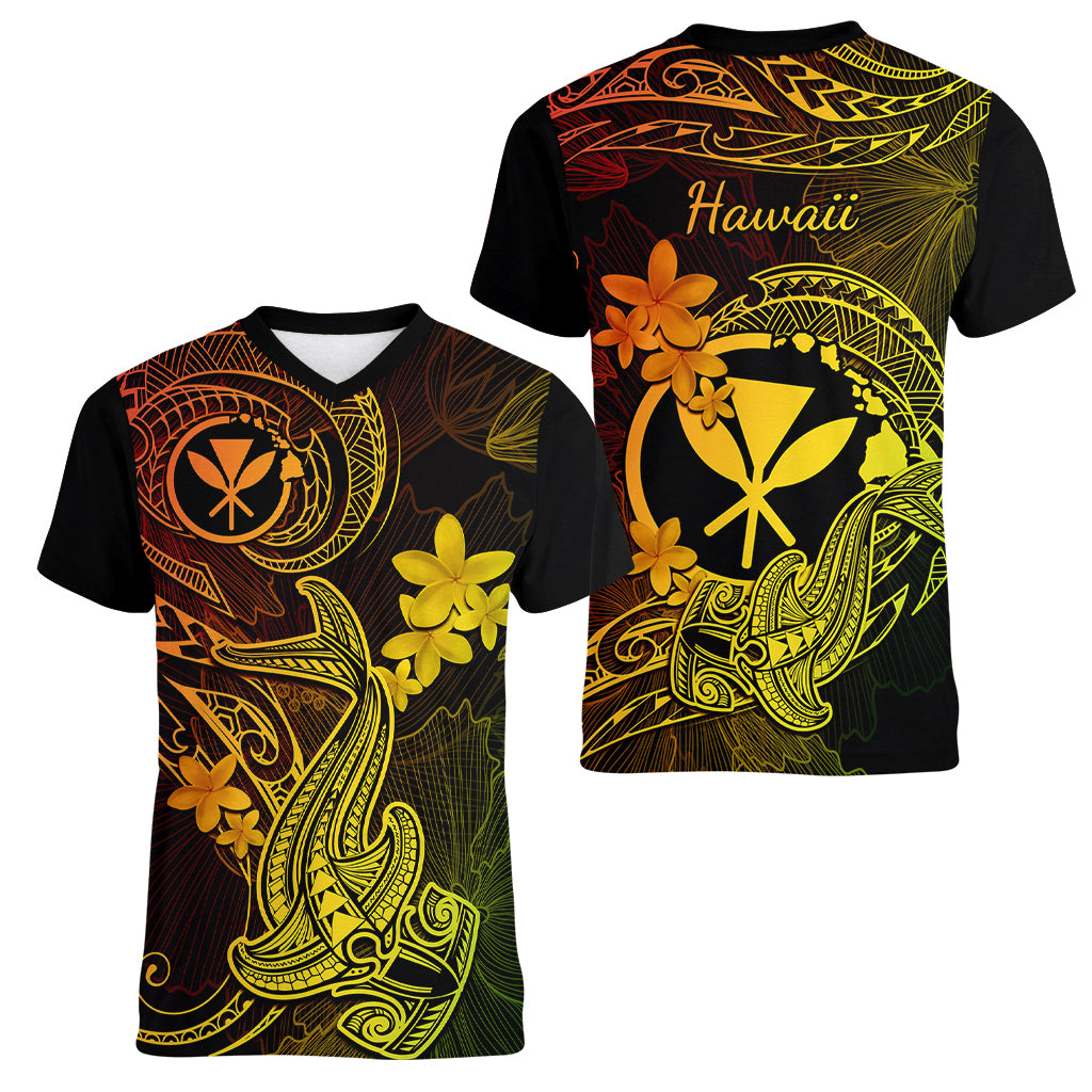 hawaii-women-v-neck-t-shirt-hammerhead-shark-tattoo-mix-polynesian-plumeria-reggae-version