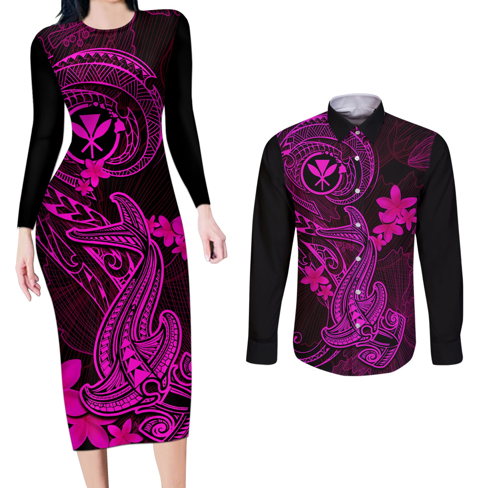 Hawaii Couples Matching Long Sleeve Bodycon Dress and Long Sleeve Button Shirts Hammerhead Shark Tattoo Mix Polynesian Plumeria Pink Version LT14 Pink - Polynesian Pride