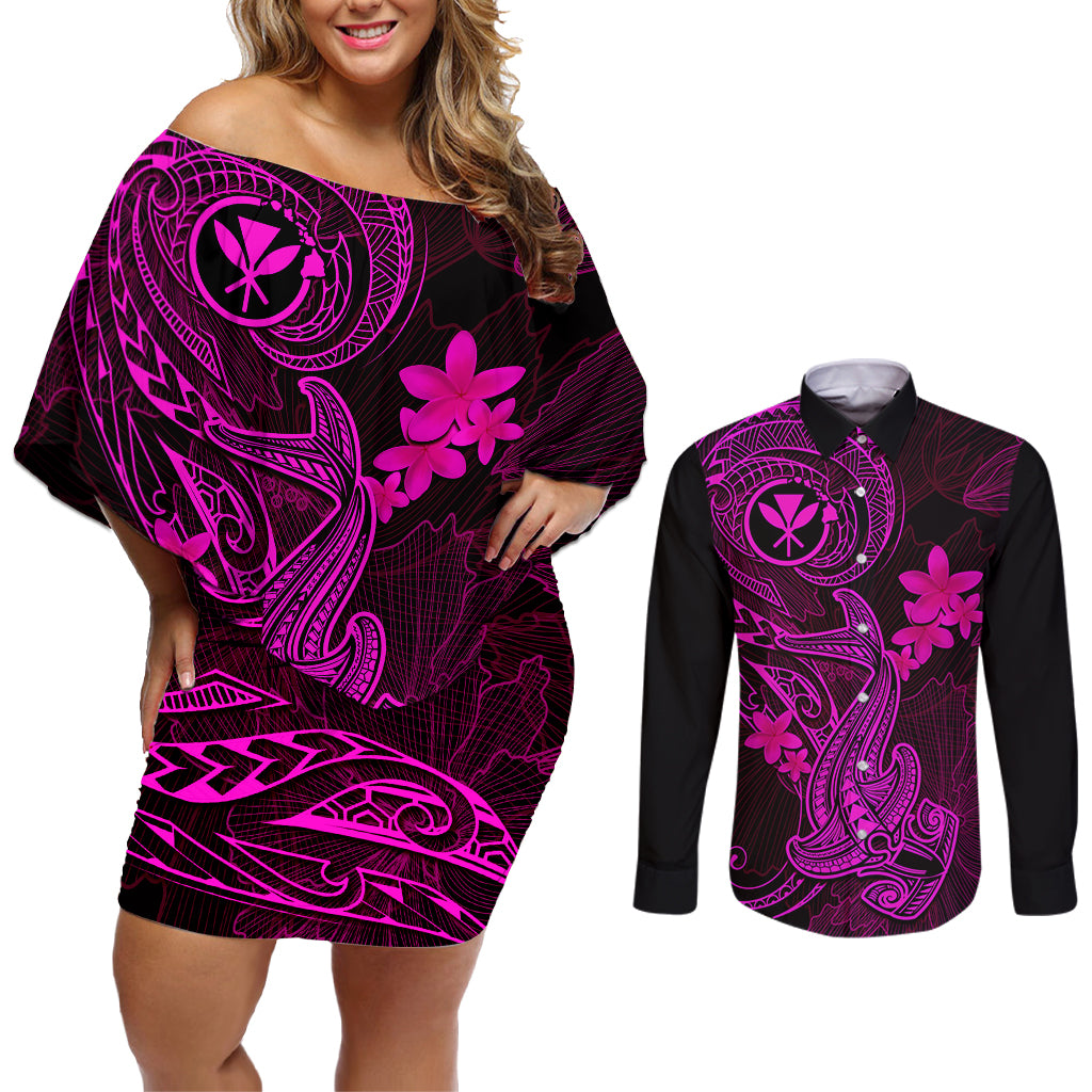 hawaii-couples-matching-off-shoulder-short-dress-and-long-sleeve-button-shirts-hammerhead-shark-tattoo-mix-polynesian-plumeria-pink-version
