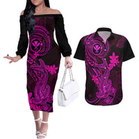 hawaii-couples-matching-off-the-shoulder-long-sleeve-dress-and-hawaiian-shirt-hammerhead-shark-tattoo-mix-polynesian-plumeria-pink-version