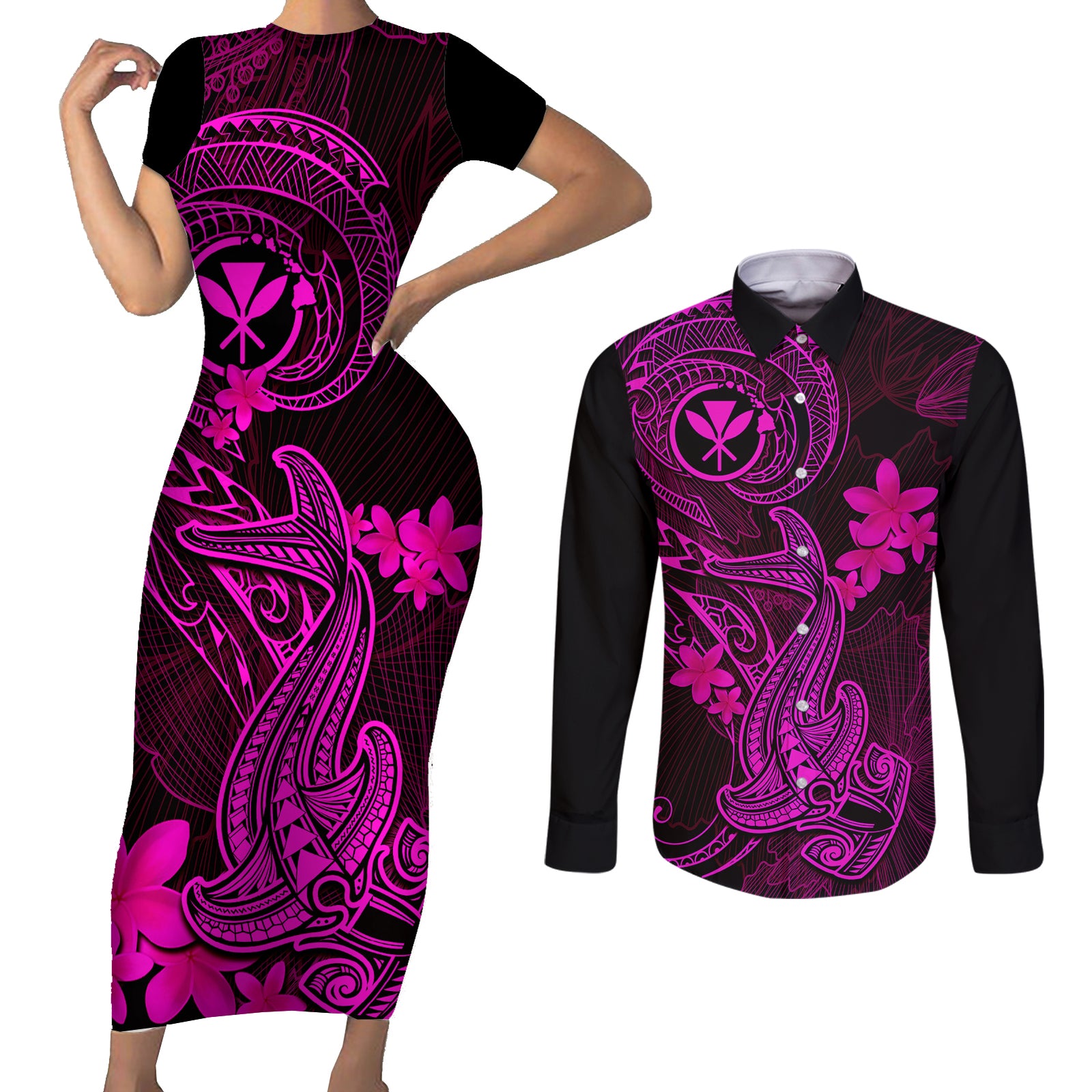 Hawaii Couples Matching Short Sleeve Bodycon Dress and Long Sleeve Button Shirts Hammerhead Shark Tattoo Mix Polynesian Plumeria Pink Version LT14 Pink - Polynesian Pride