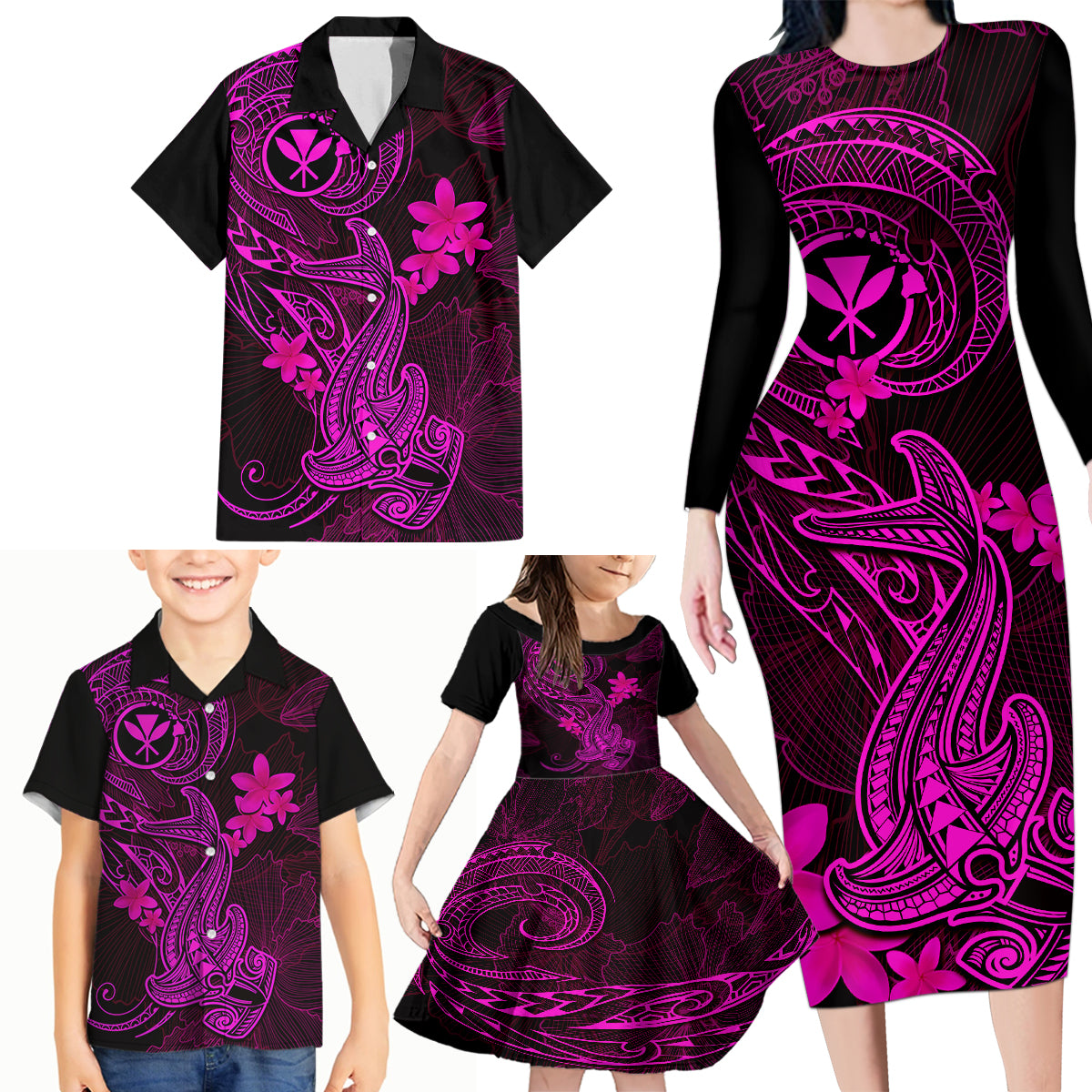 hawaii-family-matching-long-sleeve-bodycon-dress-and-hawaiian-shirt-hammerhead-shark-tattoo-mix-polynesian-plumeria-pink-version