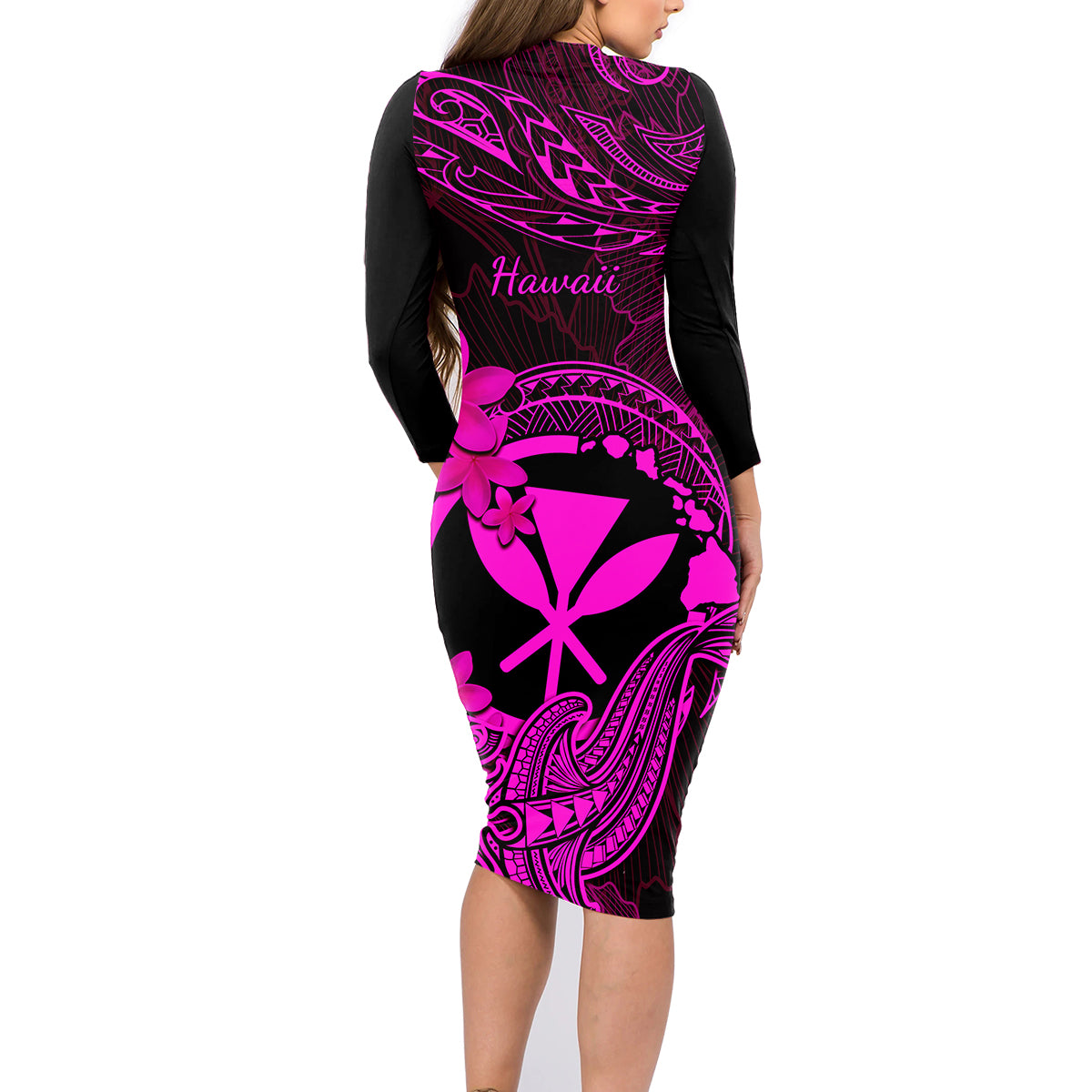 hawaii-family-matching-long-sleeve-bodycon-dress-and-hawaiian-shirt-hammerhead-shark-tattoo-mix-polynesian-plumeria-pink-version