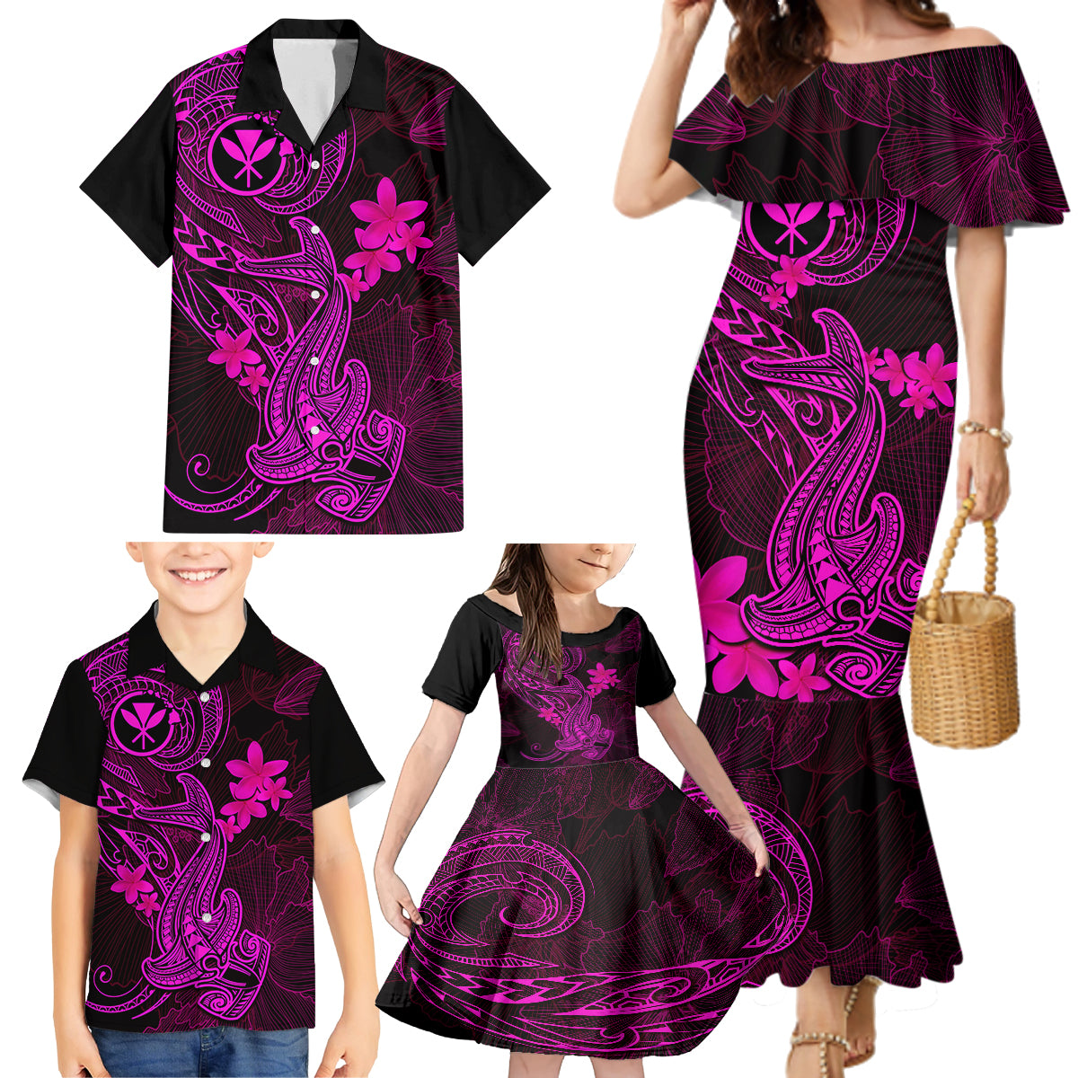 hawaii-family-matching-mermaid-dress-and-hawaiian-shirt-hammerhead-shark-tattoo-mix-polynesian-plumeria-pink-version