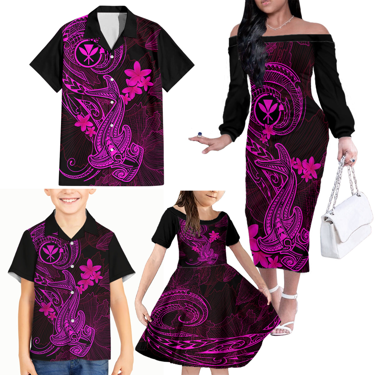 hawaii-family-matching-off-shoulder-long-sleeve-dress-and-hawaiian-shirt-hammerhead-shark-tattoo-mix-polynesian-plumeria-pink-version