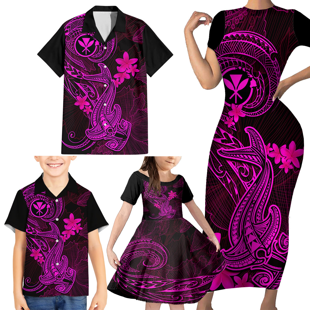 hawaii-family-matching-short-sleeve-bodycon-dress-and-hawaiian-shirt-hammerhead-shark-tattoo-mix-polynesian-plumeria-pink-version