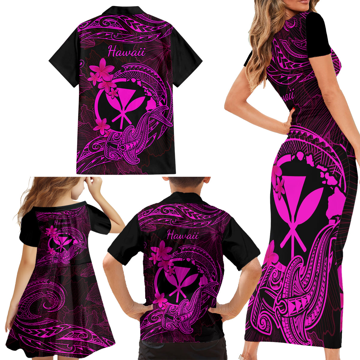hawaii-family-matching-short-sleeve-bodycon-dress-and-hawaiian-shirt-hammerhead-shark-tattoo-mix-polynesian-plumeria-pink-version