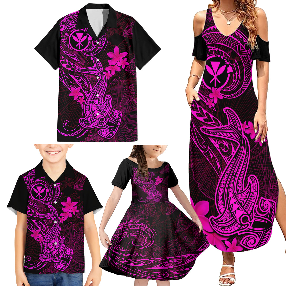 hawaii-family-matching-summer-maxi-dress-and-hawaiian-shirt-hammerhead-shark-tattoo-mix-polynesian-plumeria-pink-version