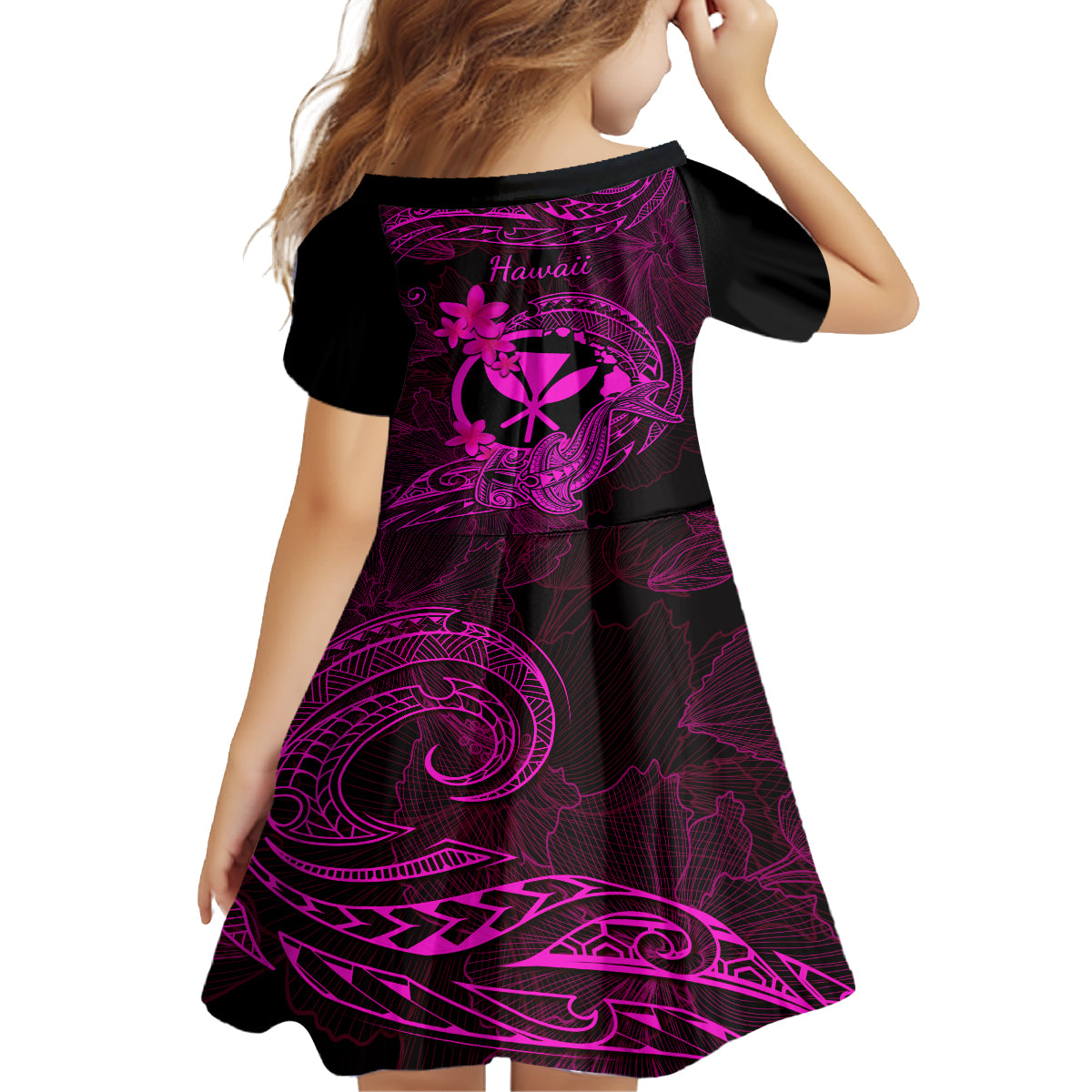 hawaii-kid-short-sleeve-dress-hammerhead-shark-tattoo-mix-polynesian-plumeria-pink-version
