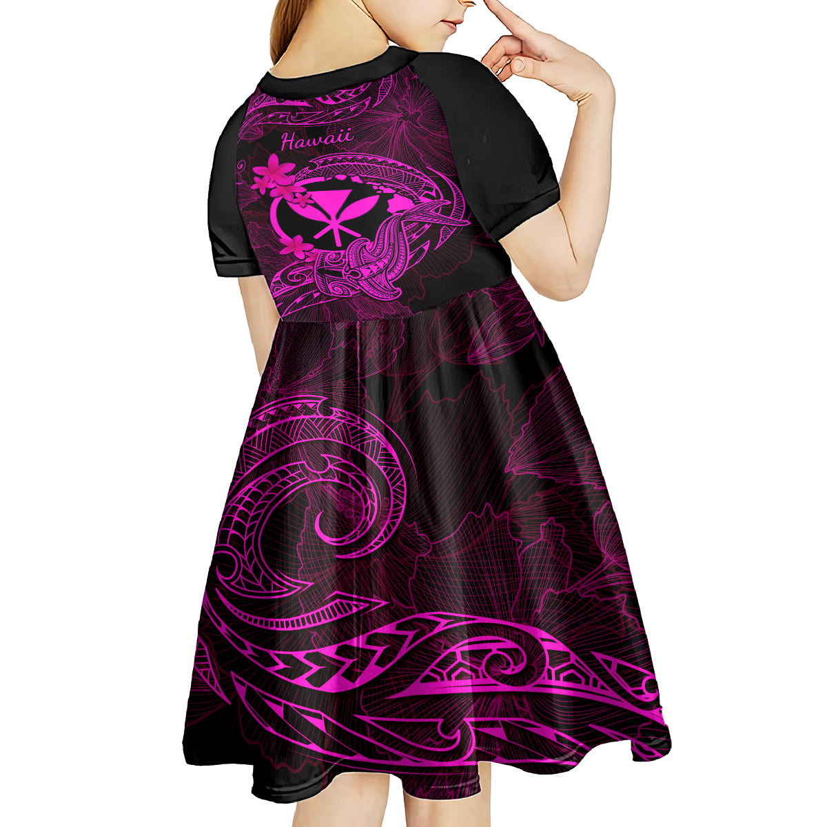 hawaii-kid-short-sleeve-dress-hammerhead-shark-tattoo-mix-polynesian-plumeria-pink-version