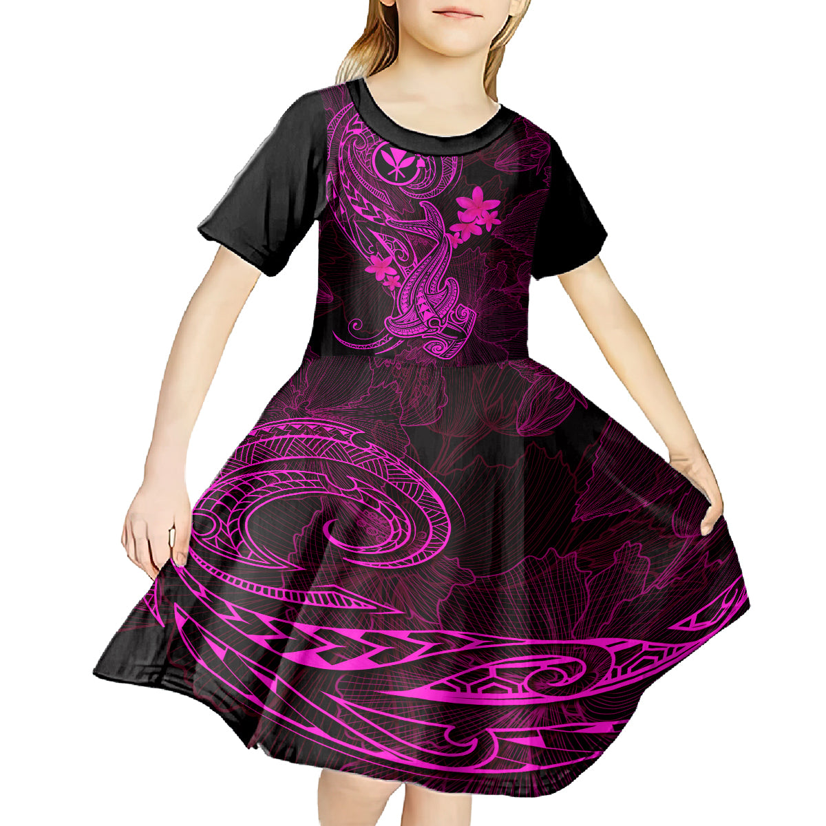 hawaii-kid-short-sleeve-dress-hammerhead-shark-tattoo-mix-polynesian-plumeria-pink-version