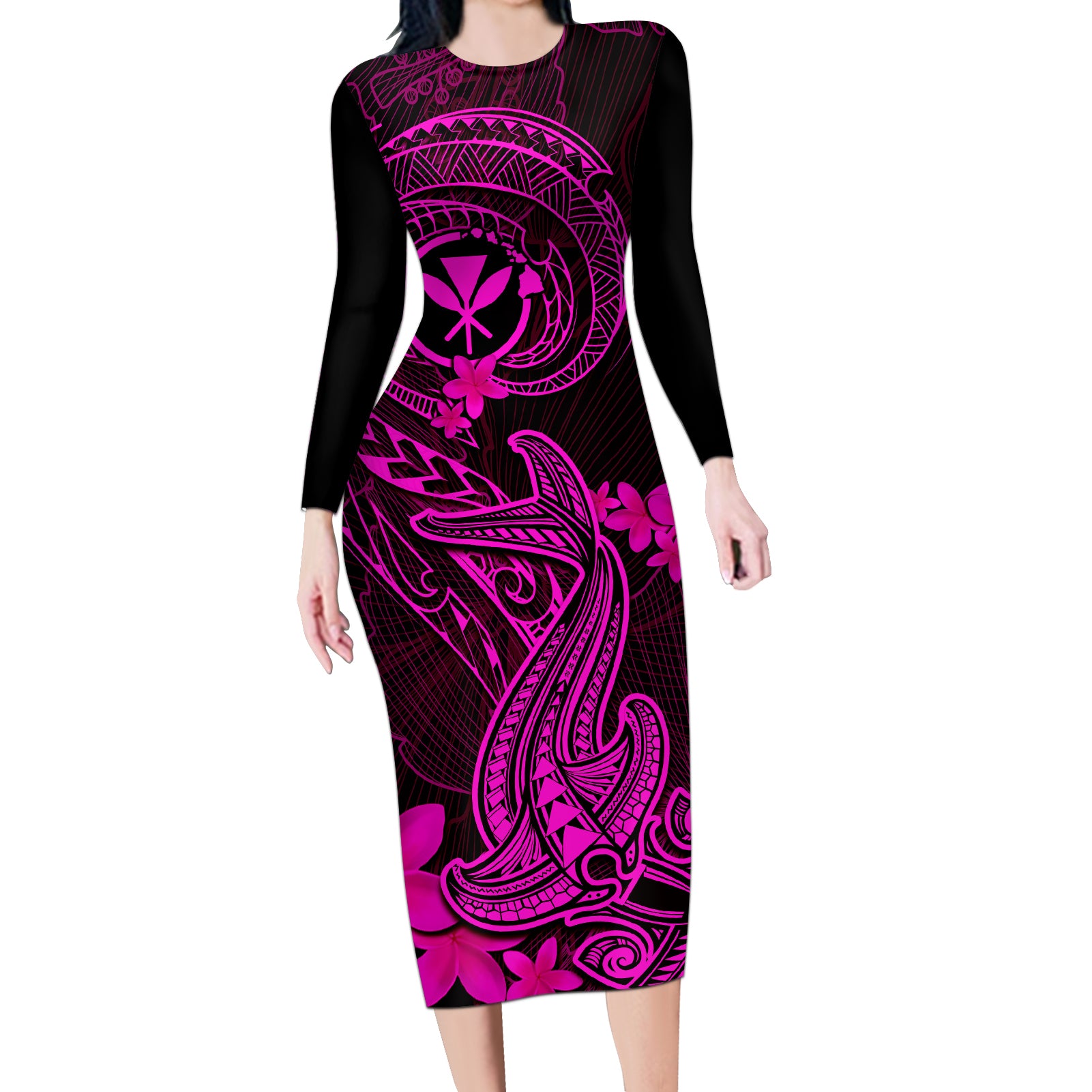 hawaii-long-sleeve-bodycon-dress-hammerhead-shark-tattoo-mix-polynesian-plumeria-pink-version