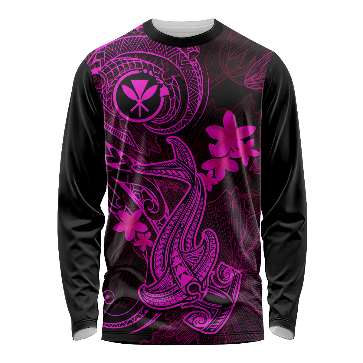 Hawaii Long Sleeve Shirt Hammerhead Shark Tattoo Mix Polynesian Plumeria Pink Version LT14 Unisex Pink - Polynesian Pride