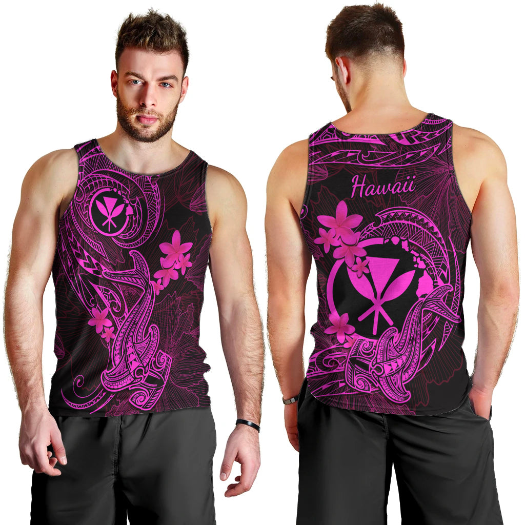 Hawaii Men Tank Top Hammerhead Shark Tattoo Mix Polynesian Plumeria Pink Version LT14 - Polynesian Pride