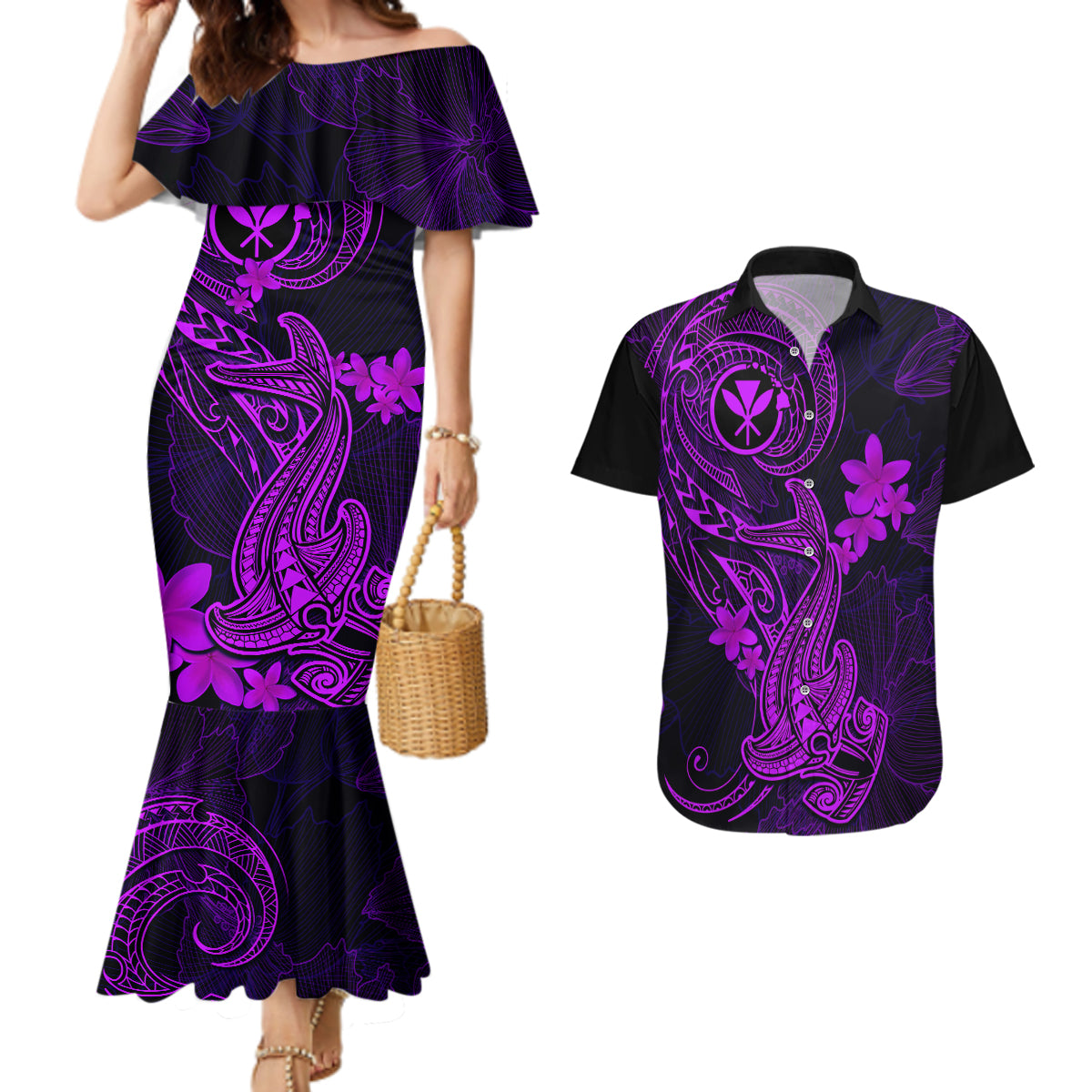 hawaii-couples-matching-mermaid-dress-and-hawaiian-shirt-hammerhead-shark-tattoo-mix-polynesian-plumeria-purple-version