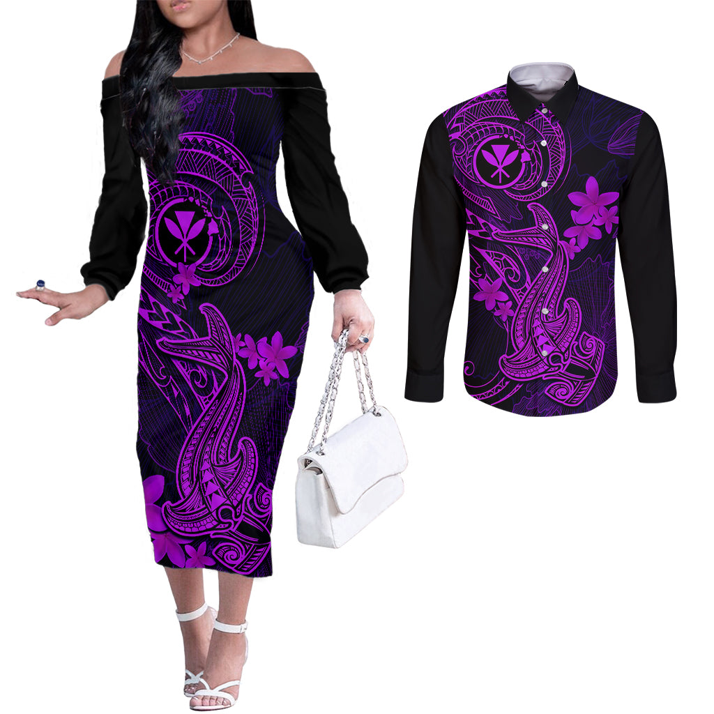 Hawaii Couples Matching Off The Shoulder Long Sleeve Dress and Long Sleeve Button Shirts Hammerhead Shark Tattoo Mix Polynesian Plumeria Purple Version LT14 Purple - Polynesian Pride