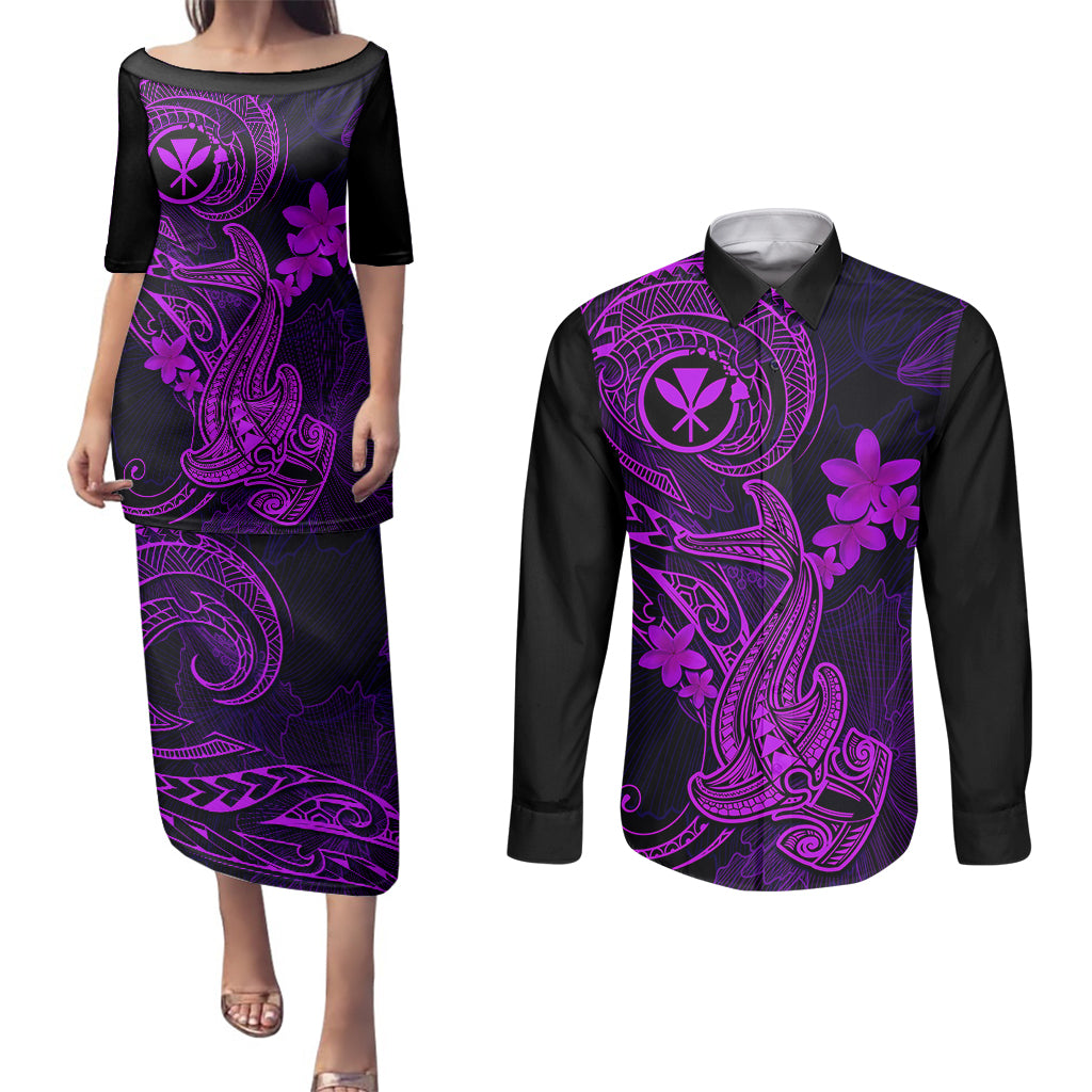 Hawaii Couples Matching Puletasi Dress and Long Sleeve Button Shirts Hammerhead Shark Tattoo Mix Polynesian Plumeria Purple Version LT14 Purple - Polynesian Pride