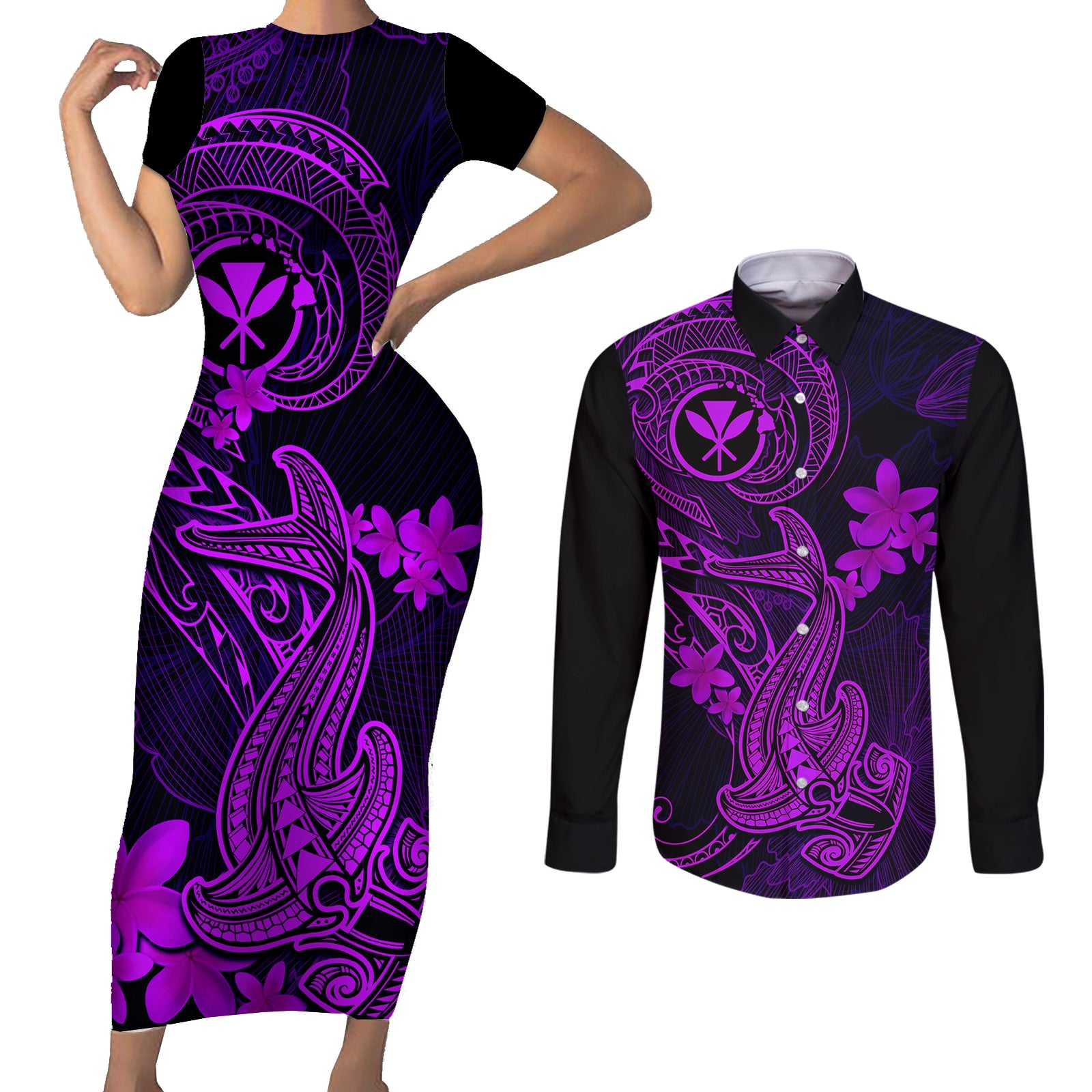 Hawaii Couples Matching Short Sleeve Bodycon Dress and Long Sleeve Button Shirts Hammerhead Shark Tattoo Mix Polynesian Plumeria Purple Version LT14 Purple - Polynesian Pride