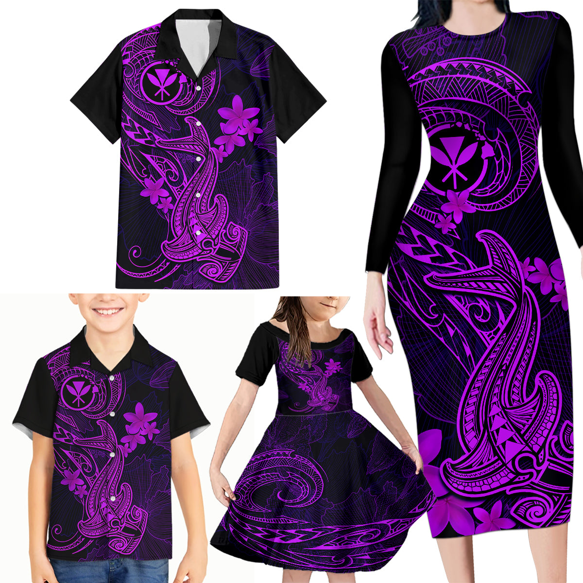 hawaii-family-matching-long-sleeve-bodycon-dress-and-hawaiian-shirt-hammerhead-shark-tattoo-mix-polynesian-plumeria-purple-version