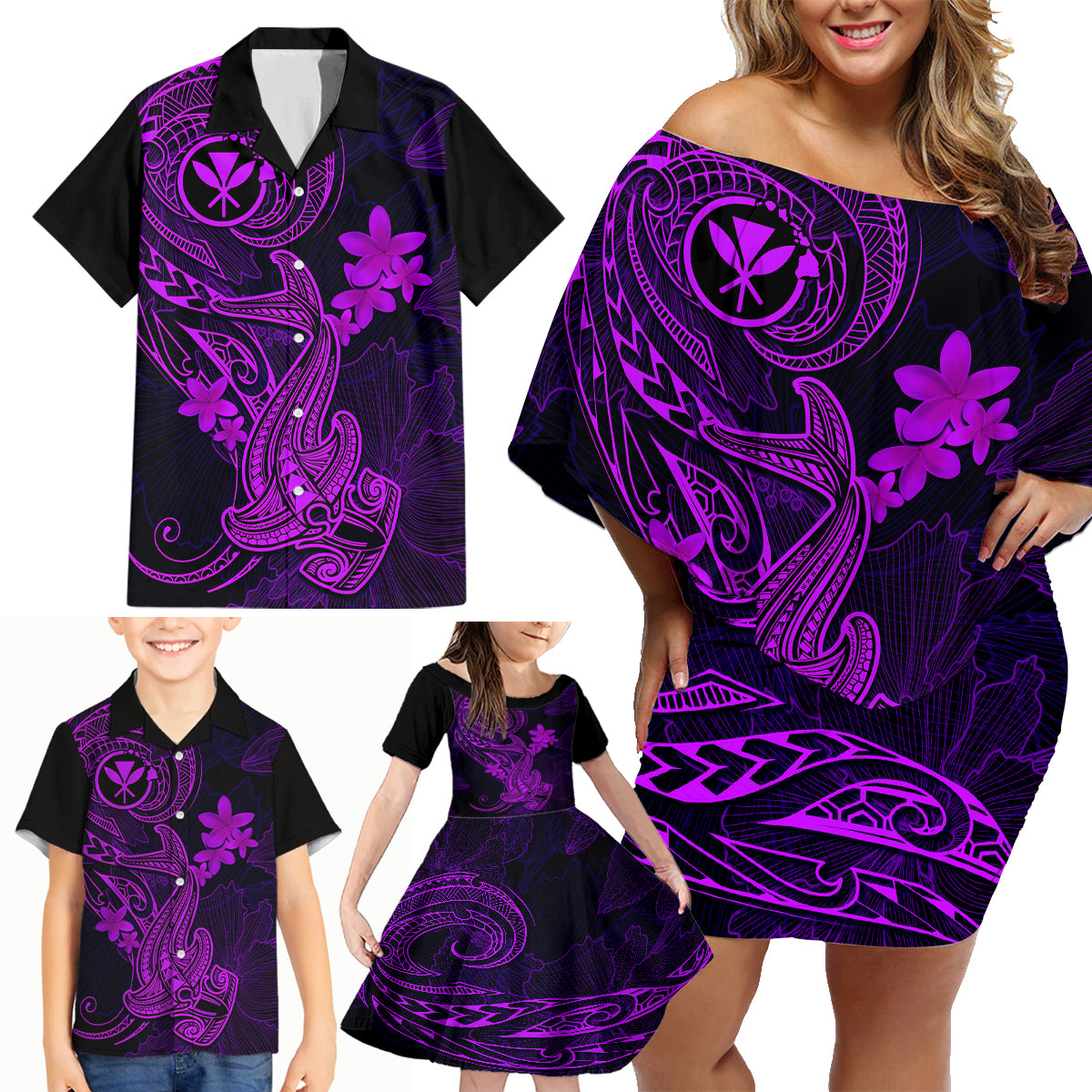 hawaii-family-matching-off-shoulder-short-dress-and-hawaiian-shirt-hammerhead-shark-tattoo-mix-polynesian-plumeria-purple-version