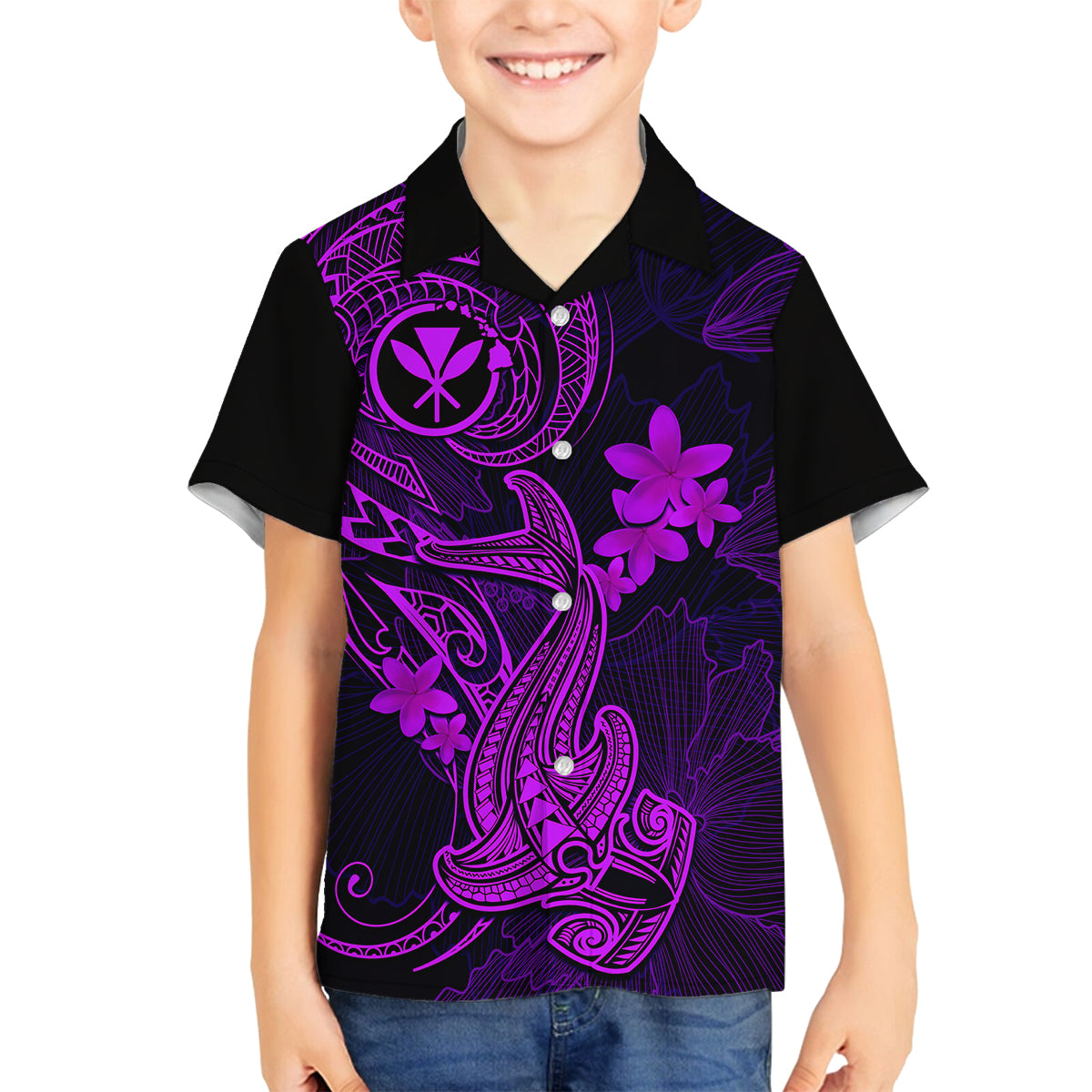 Hawaii Kid Hawaiian Shirt Hammerhead Shark Tattoo Mix Polynesian Plumeria Purple Version LT14 - Polynesian Pride