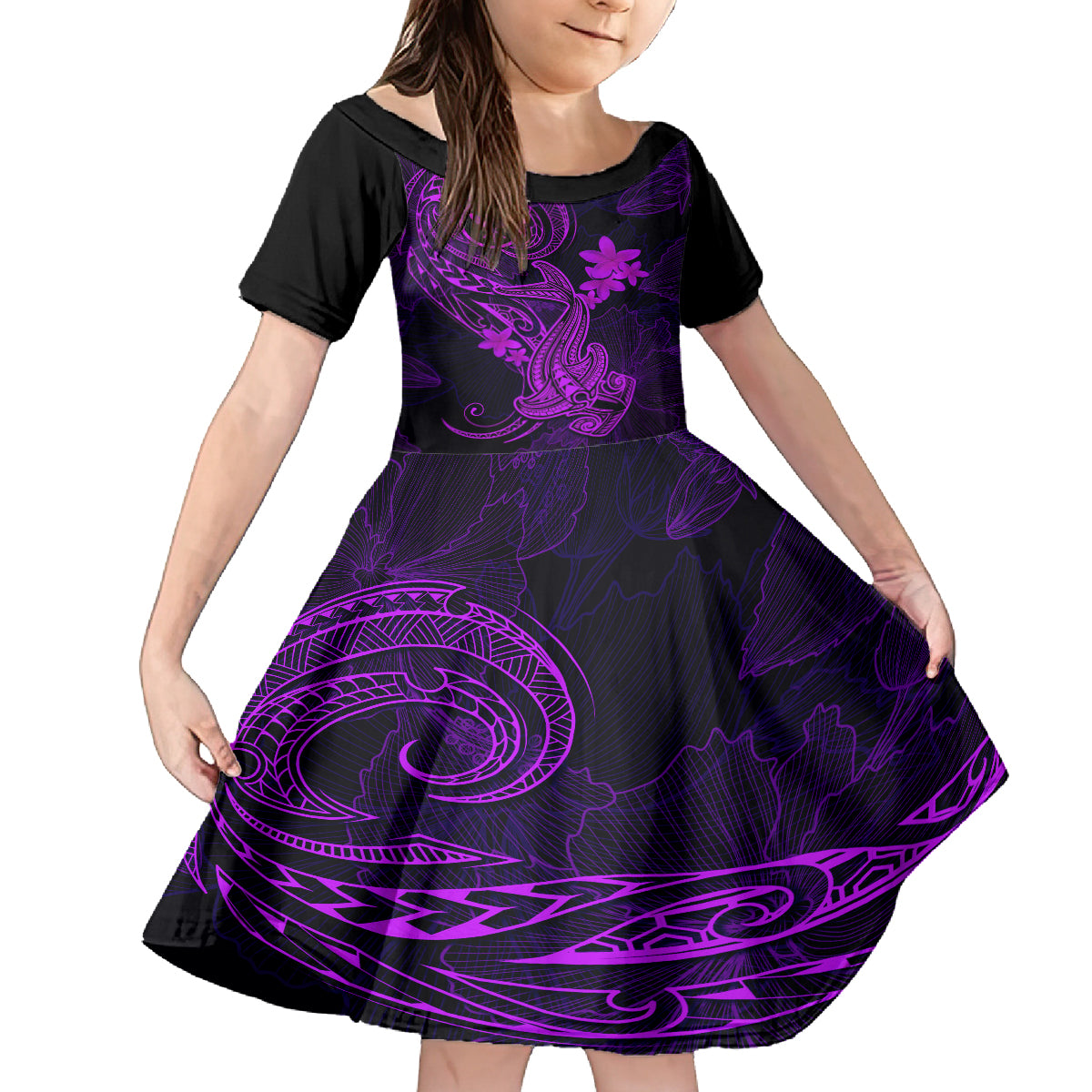 Hawaii Kid Short Sleeve Dress Hammerhead Shark Tattoo Mix Polynesian Plumeria Purple Version LT14 KID Purple - Polynesian Pride