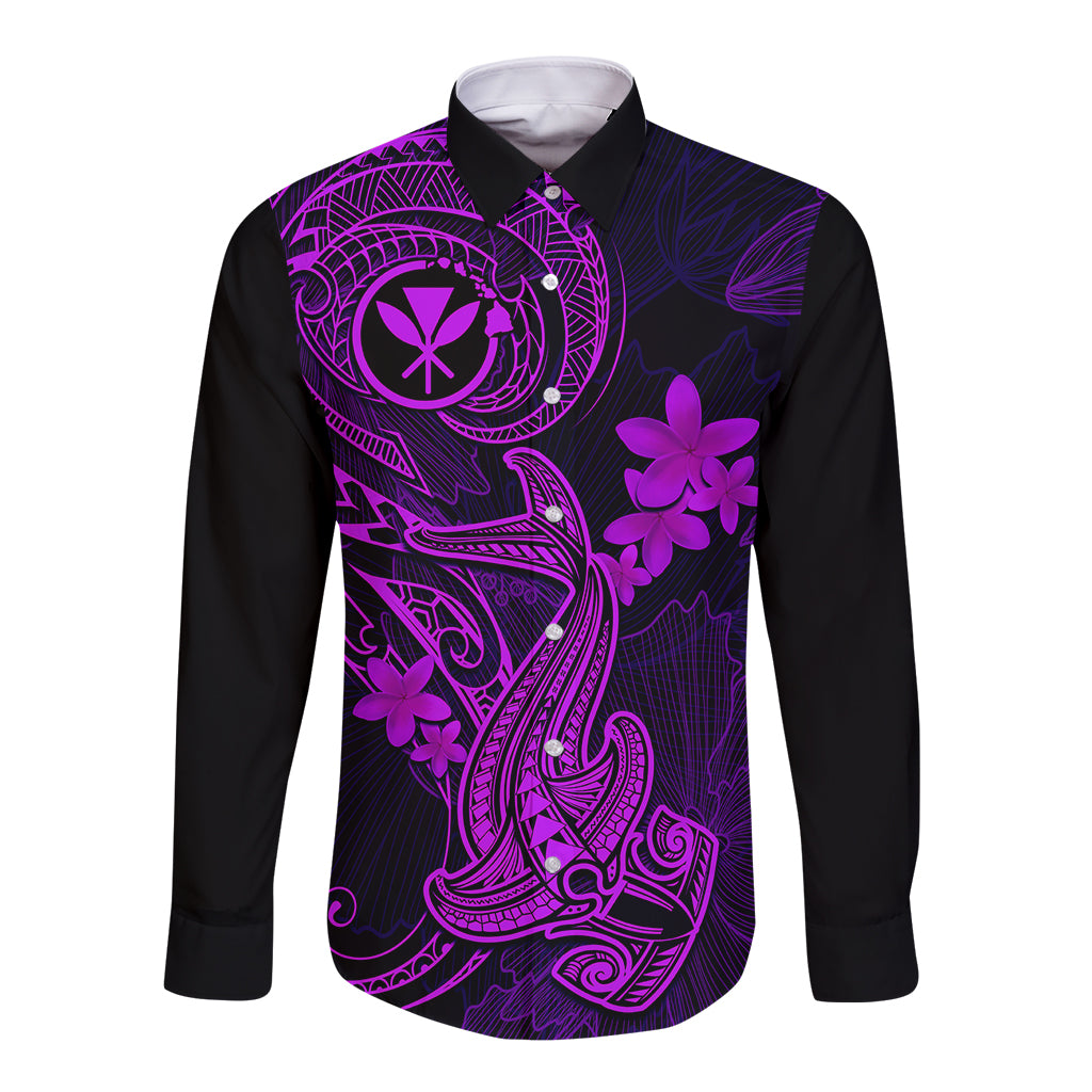hawaii-long-sleeve-button-shirt-hammerhead-shark-tattoo-mix-polynesian-plumeria-purple-version