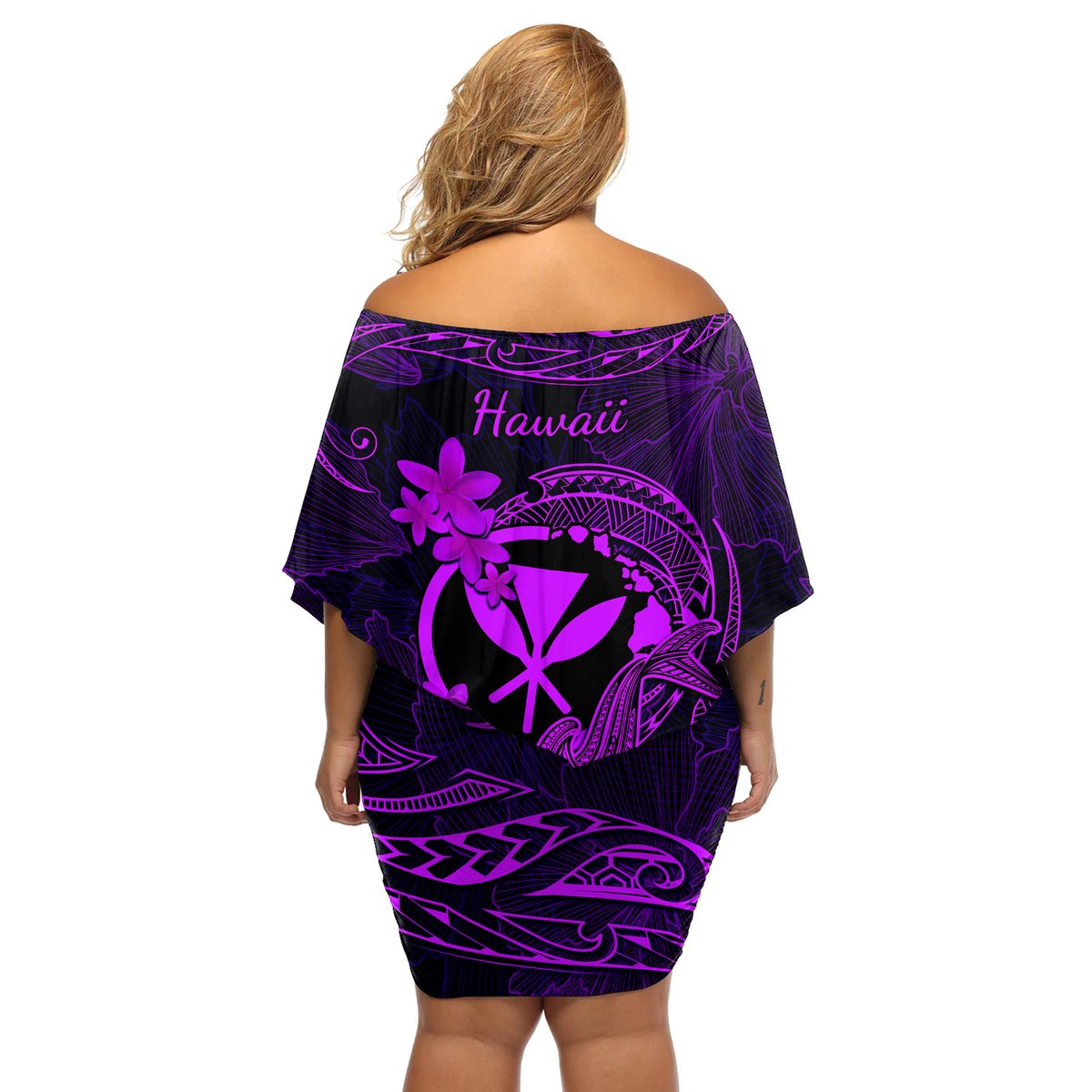 Hawaii Off Shoulder Short Dress Hammerhead Shark Tattoo Mix Polynesian Plumeria Purple Version LT14 - Polynesian Pride