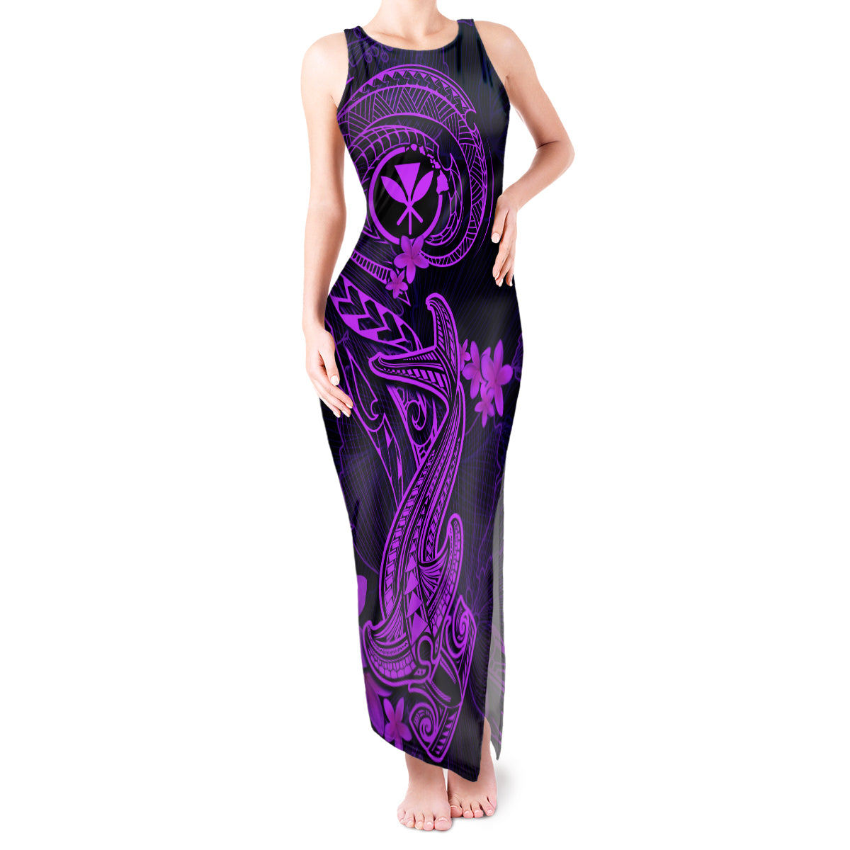 hawaii-tank-maxi-dress-hammerhead-shark-tattoo-mix-polynesian-plumeria-purple-version