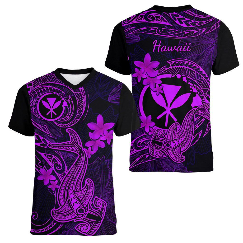 hawaii-women-v-neck-t-shirt-hammerhead-shark-tattoo-mix-polynesian-plumeria-purple-version