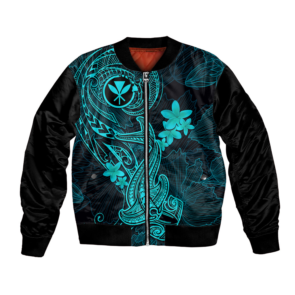 Hawaii Bomber Jacket Hammerhead Shark Tattoo Mix Polynesian Plumeria Turquoise Version LT14 Unisex Turquoise - Polynesian Pride