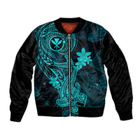 Hawaii Bomber Jacket Hammerhead Shark Tattoo Mix Polynesian Plumeria Turquoise Version LT14 Unisex Turquoise - Polynesian Pride