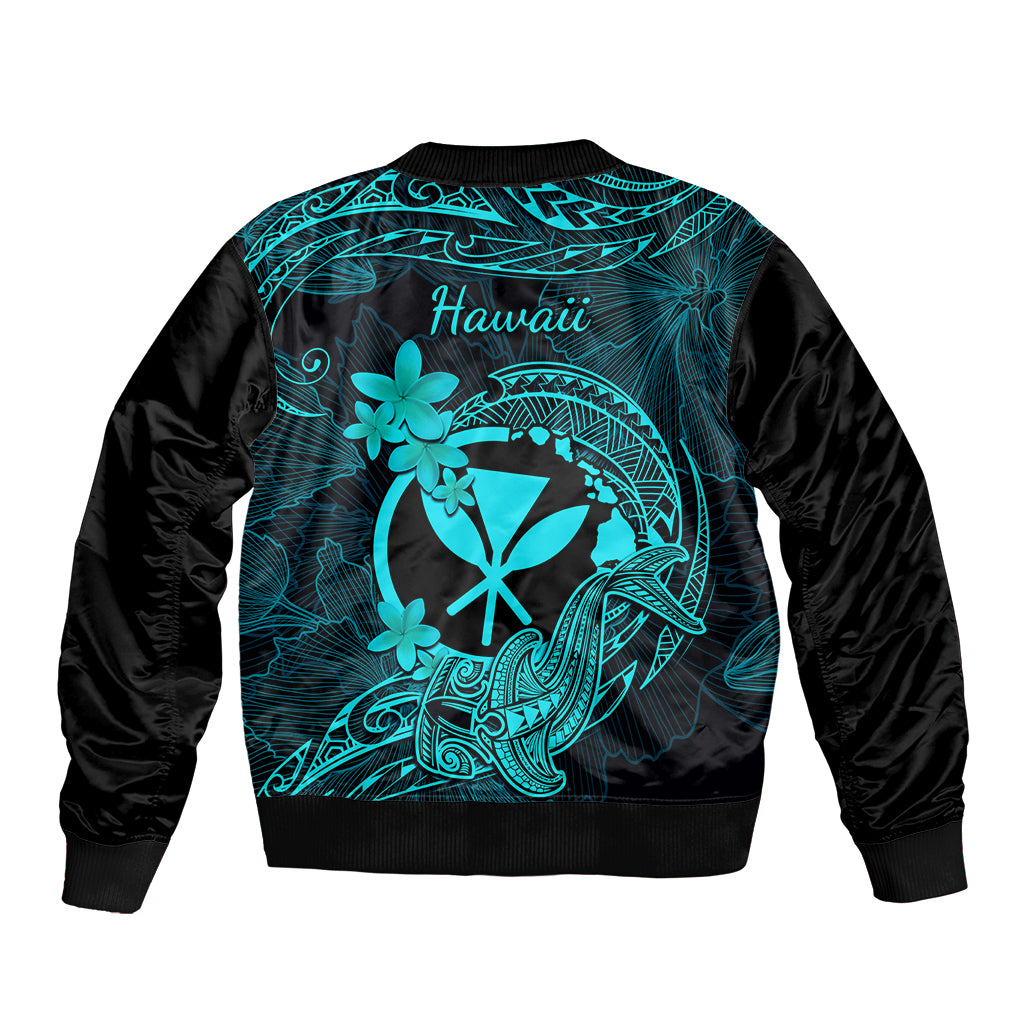 Hawaii Bomber Jacket Hammerhead Shark Tattoo Mix Polynesian Plumeria Turquoise Version LT14 - Polynesian Pride