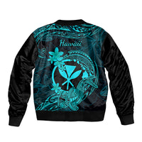 Hawaii Bomber Jacket Hammerhead Shark Tattoo Mix Polynesian Plumeria Turquoise Version LT14 - Polynesian Pride