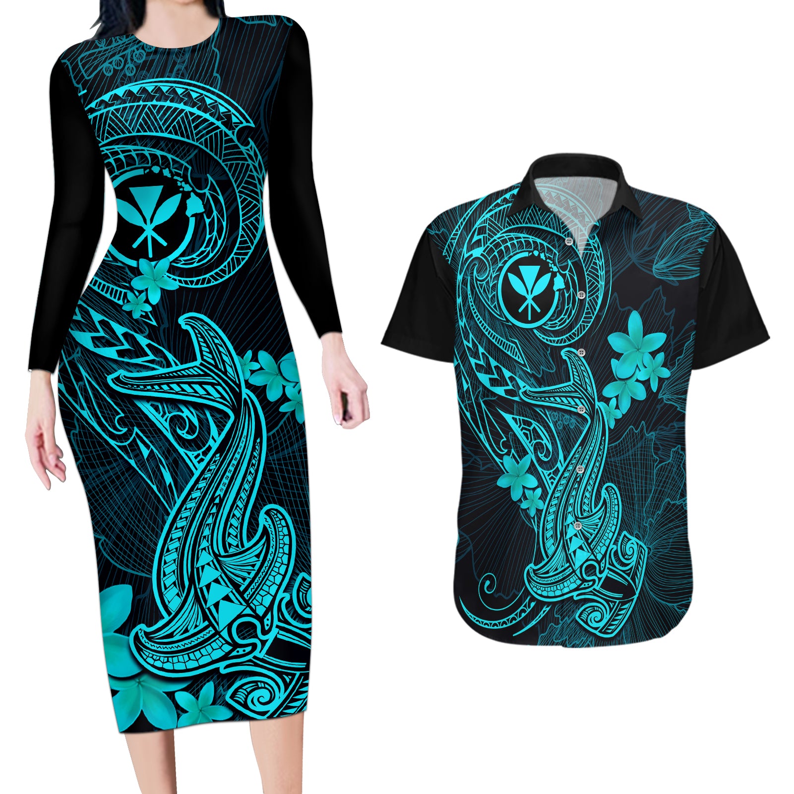 hawaii-couples-matching-long-sleeve-bodycon-dress-and-hawaiian-shirt-hammerhead-shark-tattoo-mix-polynesian-plumeria-turquoise-version