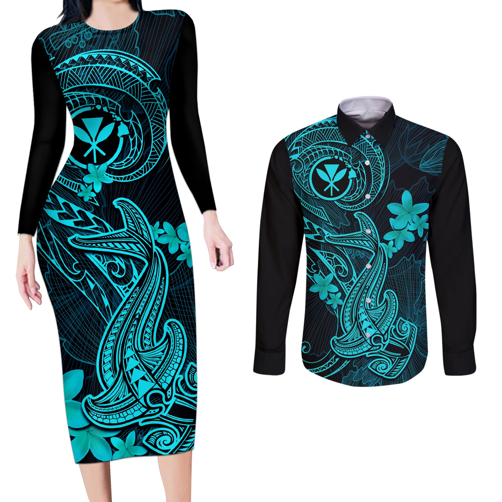 hawaii-couples-matching-long-sleeve-bodycon-dress-and-long-sleeve-button-shirts-hammerhead-shark-tattoo-mix-polynesian-plumeria-turquoise-version
