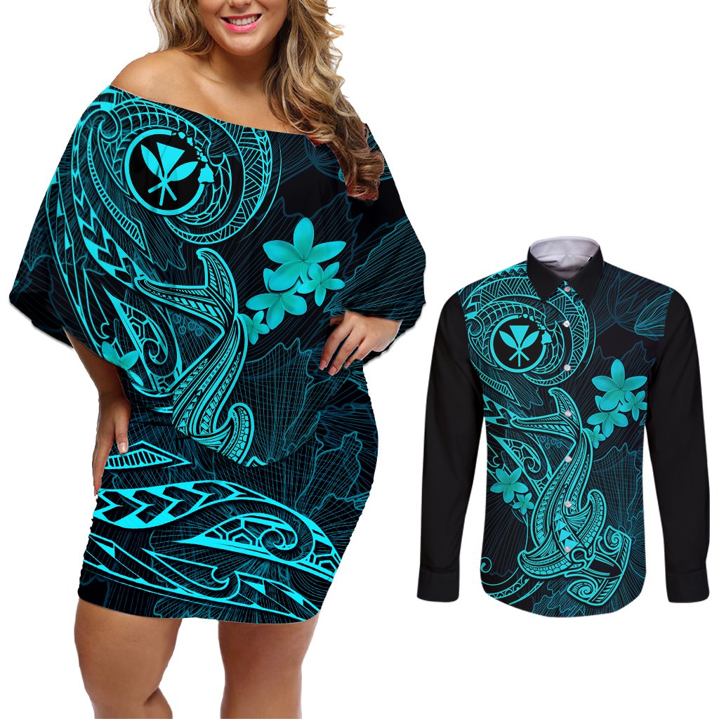 Hawaii Couples Matching Off Shoulder Short Dress and Long Sleeve Button Shirts Hammerhead Shark Tattoo Mix Polynesian Plumeria Turquoise Version LT14 Turquoise - Polynesian Pride
