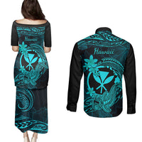 hawaii-couples-matching-puletasi-dress-and-long-sleeve-button-shirts-hammerhead-shark-tattoo-mix-polynesian-plumeria-turquoise-version