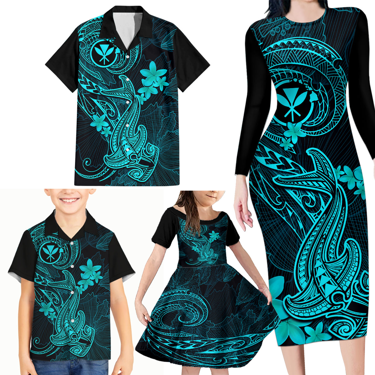 hawaii-family-matching-long-sleeve-bodycon-dress-and-hawaiian-shirt-hammerhead-shark-tattoo-mix-polynesian-plumeria-turquoise-version