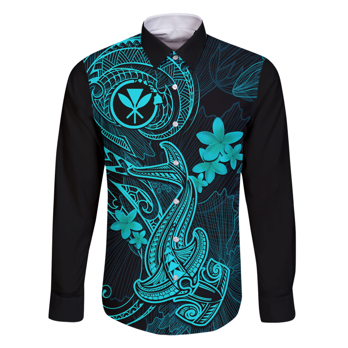 hawaii-family-matching-long-sleeve-bodycon-dress-and-hawaiian-shirt-hammerhead-shark-tattoo-mix-polynesian-plumeria-turquoise-version