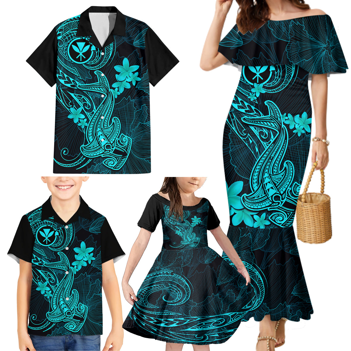 hawaii-family-matching-mermaid-dress-and-hawaiian-shirt-hammerhead-shark-tattoo-mix-polynesian-plumeria-turquoise-version