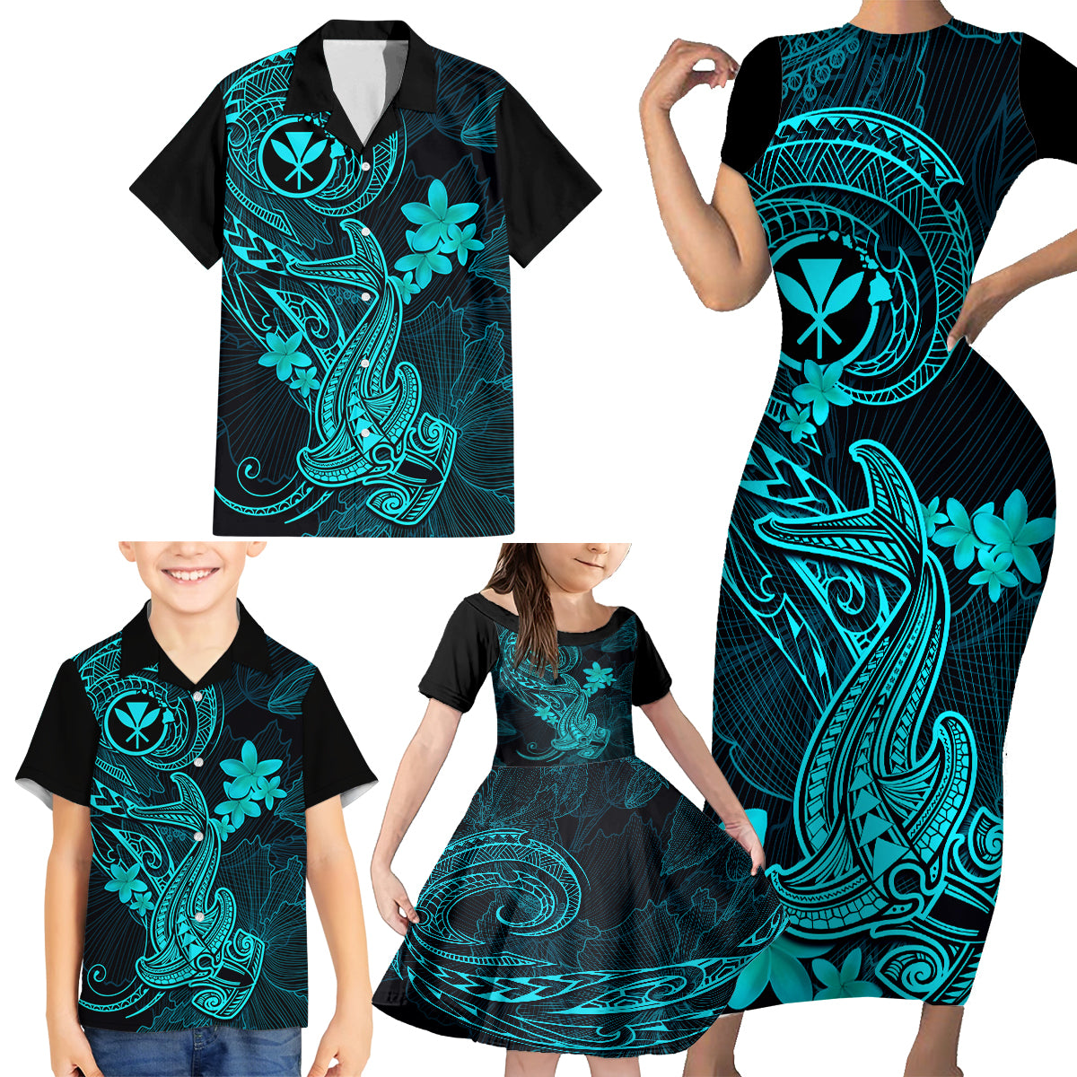 hawaii-family-matching-short-sleeve-bodycon-dress-and-hawaiian-shirt-hammerhead-shark-tattoo-mix-polynesian-plumeria-turquoise-version