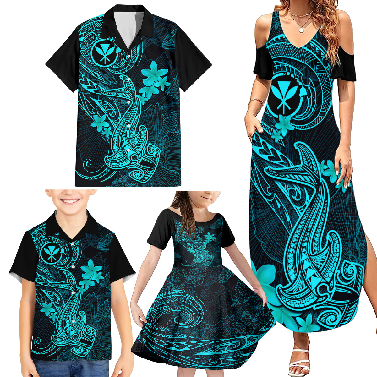 hawaii-family-matching-summer-maxi-dress-and-hawaiian-shirt-hammerhead-shark-tattoo-mix-polynesian-plumeria-turquoise-version