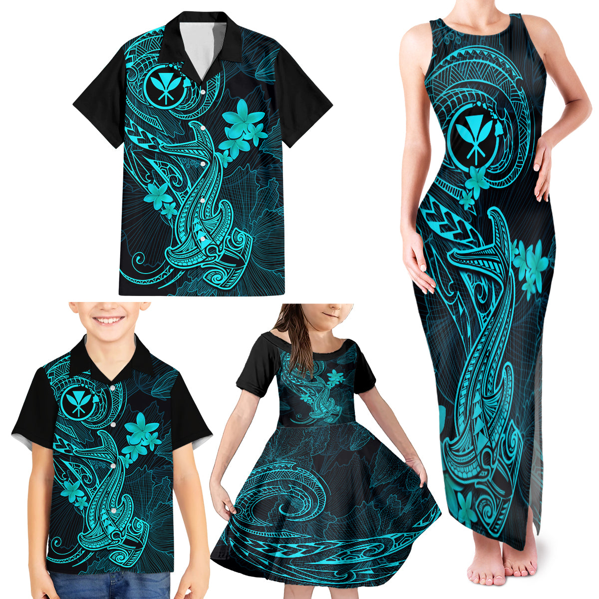 hawaii-family-matching-tank-maxi-dress-and-hawaiian-shirt-hammerhead-shark-tattoo-mix-polynesian-plumeria-turquoise-version